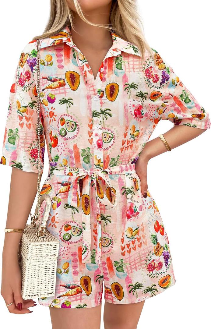 PRETTYGARDEN Womens Rompers for Summer 2025 Beach Vacation Clothes Short Sleeves Floral Jumpsuits Beach Cover Up (XL)