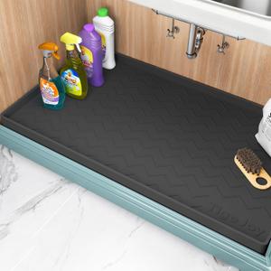 TigeJoy Waterproof Under Sink Mat 25" x 22", Shelf Liner Protector in Kitchen and Bathroom, Silicone Cabinet Liners for Organizers and Storage, Fit as Drawer Mats or Drip Tray (Black)