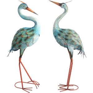2pcs Crane Garden Statues, Metal Crane Outdoor, Blue Heron Sculpture Metal Yard Art, Large Garden Heron Lawn Ornaments for Backyard Pond Patio Porch Outside Decorations