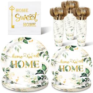 Zubebe 120 Pcs Housewarming Party Tableware Home Sweet Home Plates and Napkins Disposable Sets Rustic Leaves Floral House Warming for New House Wedding Party Supplies Serve 24 Guests(Classic Style)