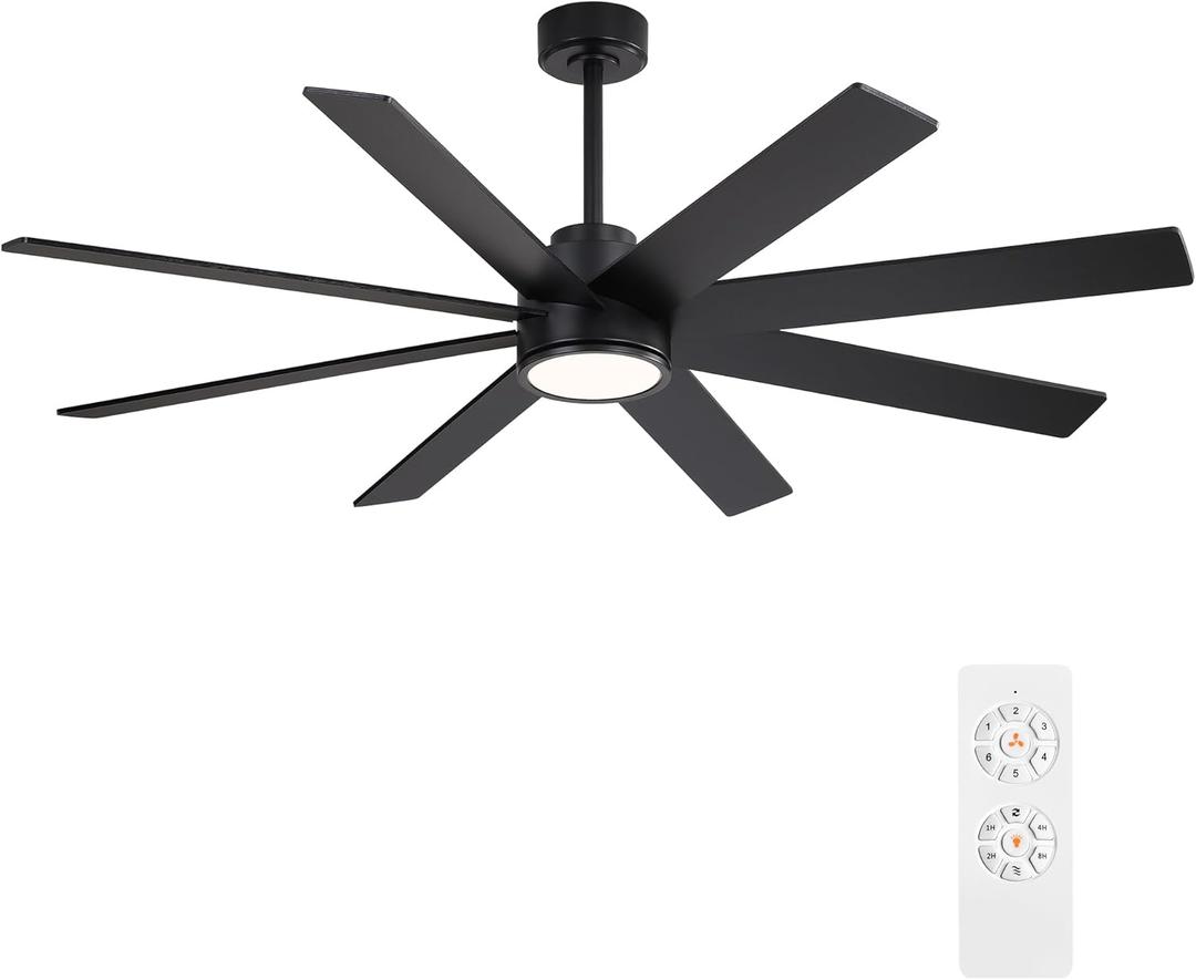 WINGBO 60" Large DC Ceiling Fans with Lights and Remote, 3 Downrods, 8 Plywood Blades, 6-Speeds Reversible DC Motor, 3CCT, Indoor Ceiling Fan for Bedroom Living Room Patio, Black