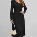STYLEWORD Women's 2025 Fall Wedding Guest Dresses Long Sleeve Crew Neck Tiered Flowy A Line Casual Midi Dress Pockets (Black, XL)