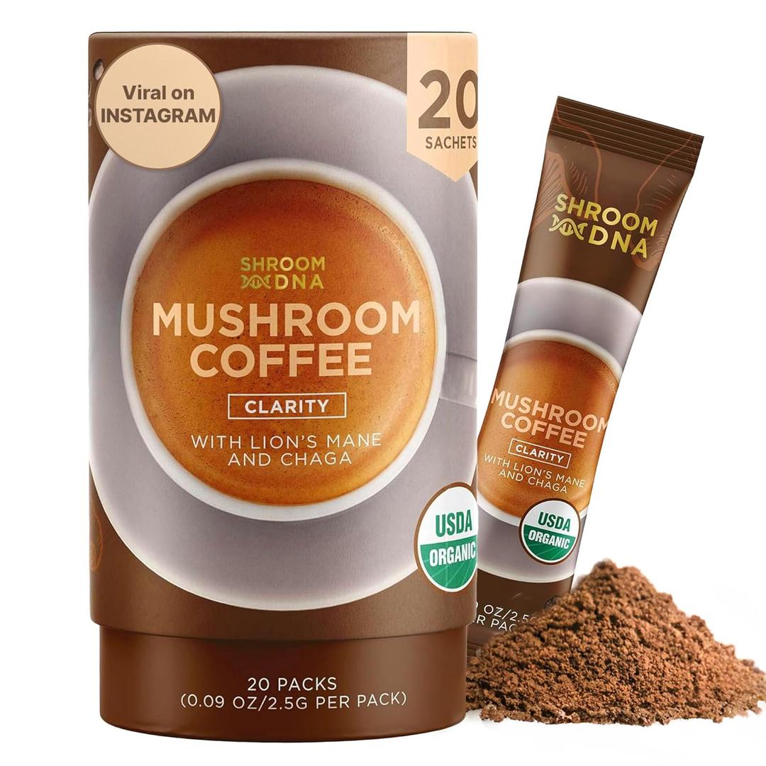 ShroomDNA Mushroom Coffee Blend with Chaga & Lion's Mane | Instant Focus + Clarity All Day | Organic + Vegan + Gluten Free | No Added Sugar | 20 Count (1.8 Ounce (Pack of 1))