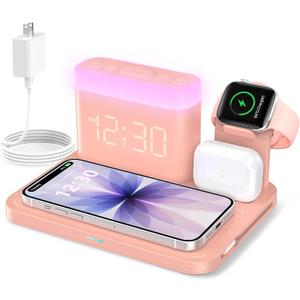 ANJANK 5 in 1 Wireless Charging Station with Alarm Clock,7 Night Light & 0-100% Dimmer,Qi Mag-Safe Charger Stand for Apple Devices - for iPhone 17 16 15 14 13 12 Pro Max Plus Air,Apple Watch,Airpods (Pink)