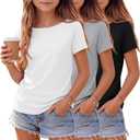 3 Pack Girls Shirts Short Sleeve Tops 5-14Y Teen Summer T Shirts Crewneck Cute Plain Casual Basic Tees