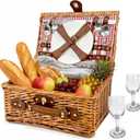 Picnic Basket for 2 - Picnic Basket with Cutlery Kit and Glasses, Insulated Picnic Set with Waterproof Liner, Portable Wicker Picnic Baskets with Lid and Handle for Outdoor, Picnic, Camping, Holidays