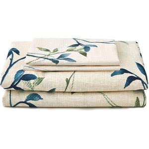 JSD Beige Leaves Printed Sheet Set Queen Size, 4 Piece Botanical Pattern Microfiber Sheets Extra Deep Pocket