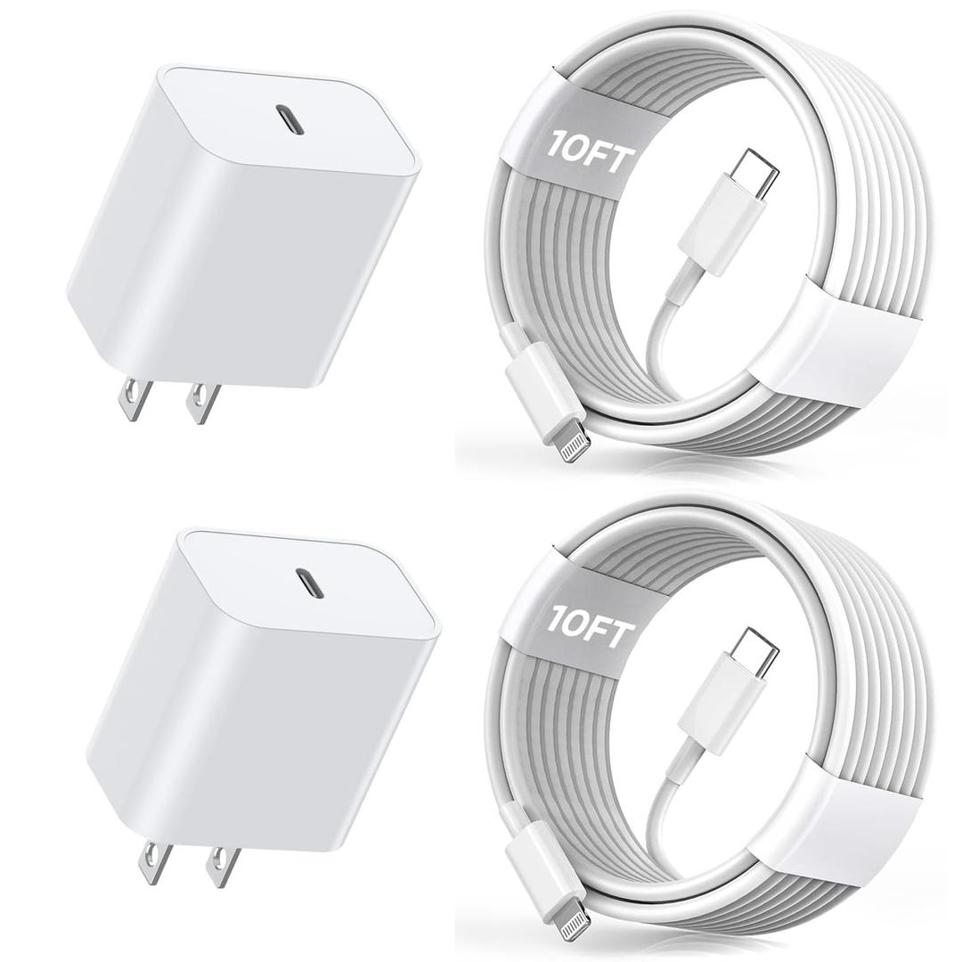 Extra Long 10FT Apple Fast Charger,[Apple MFi Certified]2Pack Fast iPhone Charger Travel Plug Adapter 20W Super Quick USB C Wall Block 10Foot Lightning Cable Cord for iPhone 14/13/12/11/8/X/XR/SE/iPad (White)