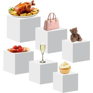 Small Buffet Risers Display Stands, 6 PCS White Acrylic Cube Boxes Nesting Risers with Hollow Bottoms for Catering/Dessert/Collectibles/Jewelry/Figures Show