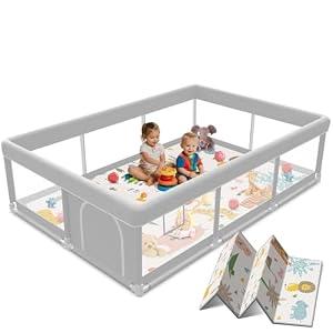 74x50 Inch Baby Playpen with Mat, Playpen with Cute Mat for Babies and Toddlers Play Pen Playards Safety Gate Fence Active Center Indoor