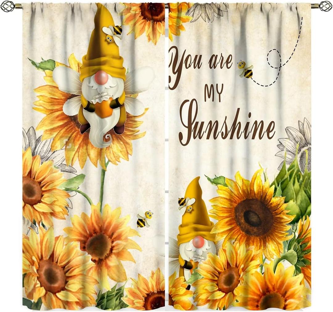 Sunflower Kitchen Curtains Farmhouse Flower Rustic Flower Bee Gnomes 2 Panels Window Treatment Set for Living Room Decor 42Wx45H Inch Decor