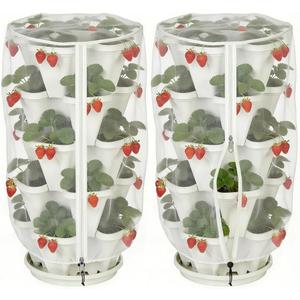 2 Pcs Vertical Plant Pot Insect Netting with Zipper, 39"x20" Stackable Planter Garden Net Cover, 3 to 5 Tier Planter Pot Insect Bird Barrier Protection Mesh for Strawberry Herb Flower Fruit Vegetable