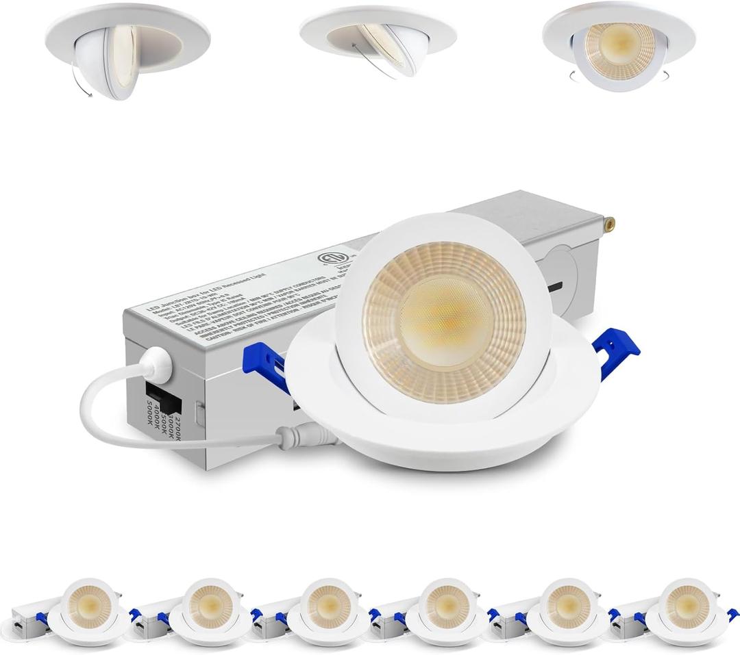Adetu 2 Inch 5CCT Gimbal Led Recessed Lighting with Junction Box, 360°+90° Adjustable Recessed Can Lights, 2700K/3000K/3500K/4000K/5000K Selectable, 5W Eqv 50W, 550LM Brightness - ETL (White, 1 Pack)