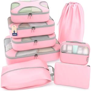 Shacke Premium 8 Packing Cubes Set - Lightweight Mesh Travel Luggage Organizers with Laundry Bag, 8-Piece Suitcase Storage System (Summer Pink)