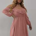 WDIRARA Women's Plus Size Cold Shoulder Ruffle Trim Bishop Sleeve A Line Dress (Pink, XL)