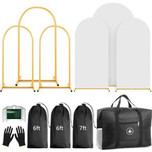 Arch Backdrop Stand Set with Cover,(7.2ft,6ft x 2) Arched Frame Stand & Spandex Wedding Arch Cover & Storage Bag (White, 7.2Ft+6Ft+6Ft)