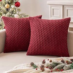 MIULEE Throw Pillow Covers Soft Corduroy Decorative Set of 2 Boho Striped Pillow Covers Pillowcases Farmhouse Home Decor for Christmas Couch Bed Sofa Living Room 16x16 Inch Red 