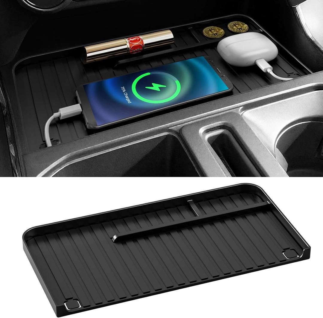 Center Console Organizer Tray for Ford F150 Accessories 2021-2025 & F150 Lightning XLT Accessories 2022-2024 [Two USB Hole/Double Layers] Only Fit Front Shifter Open Pocket Organizer Black