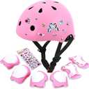 Kids Bike Helmet with DIY Stickers and Knee Pads Elbow Pads Wrist Guard Set for Ages 3-8-14 Toddler Boys Girls Helmet for Roller Skates Cycling Skateboarding Bicycle Scooter (Medium, Pink)