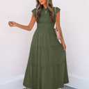 ZESICA Women's 2026 Summer Casual Flutter Short Sleeve Crew Neck Smocked Elastic Waist Tiered Midi Dress (Green, XXL)