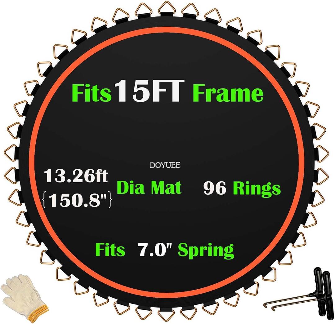 15FT Trampoline Mat Replacement-13.26ft Diameter Mat with 96 Rings- Fits 7.0" Springs,Spring & Frame not Included