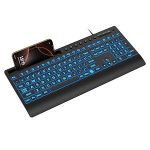 SABLUTE Large Print Wired Backlit Keyboard with Backlight Memory Function, 7-Color Auto-Cycling & Static Single LED, Computer Keyboard with Phone Holder & Wrist Rest, Quiet Crater Keys for PC Laptop