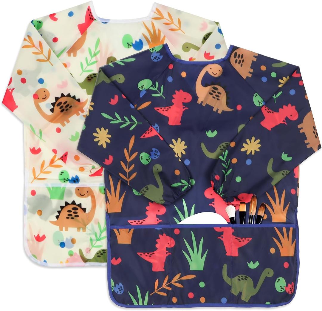 Kids Art Smocks 2 Pack Dinosaur Painting Aprons for Children Waterproof Artist Smock with Long Sleeve and 3 Pockets for Age 3-8 Years