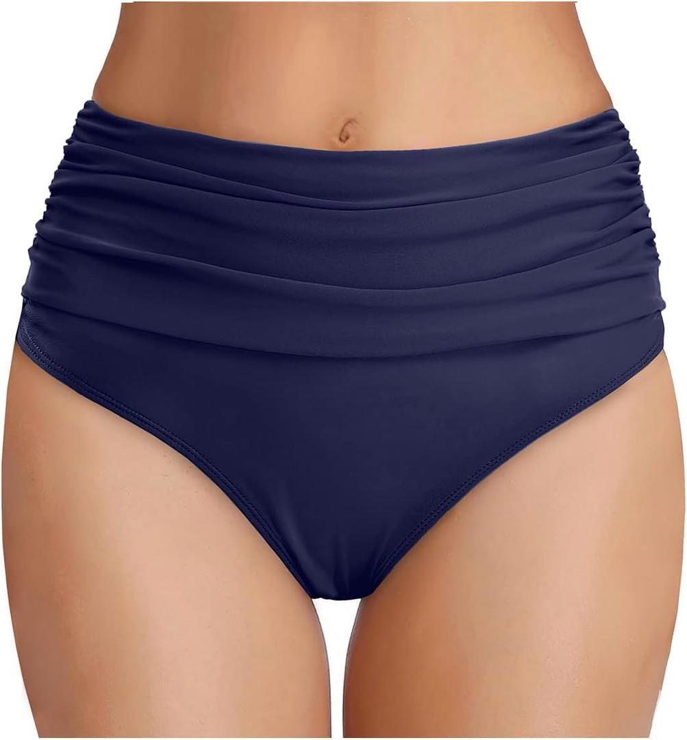 Tempt Me Women's High Waisted Bikini Bottom Tummy Control Ruched Bathing Suit Swim Bottom (Navy Blue) XS