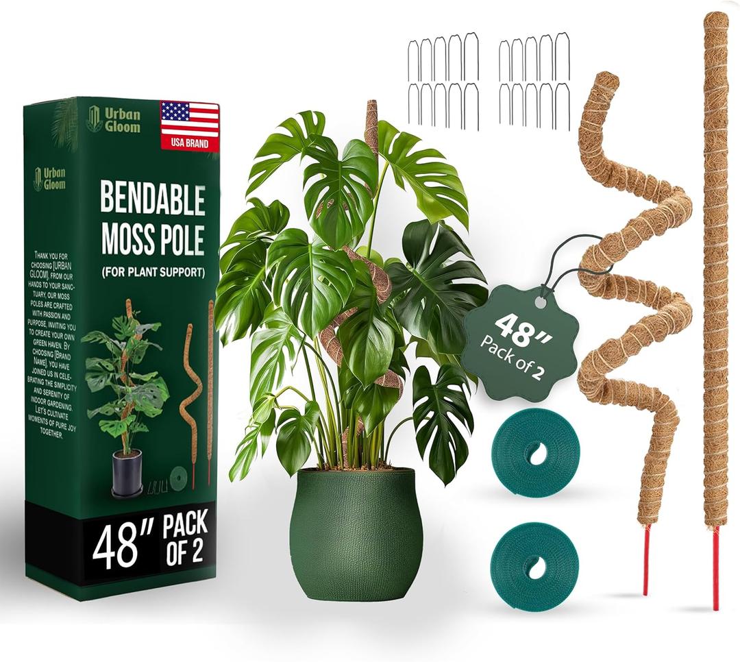 Bendable Moss Pole 48 Inch for Monstera & Climbing Plants  Pack of 2 Coco Coir Moss Poles for Indoor Plant Support, Trellis Pole for Pothos, Philodendron, Tall Plant Stakes for Home Gardeners