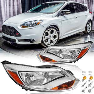Headlights Assembly with Bulbs for 2012 2013 2014 Ford Focus 3rd Gen Pre-Facelift Halogen Headlamps Replacement Driver and Passenger Side Pair,Chrome Housing Amber Reflector