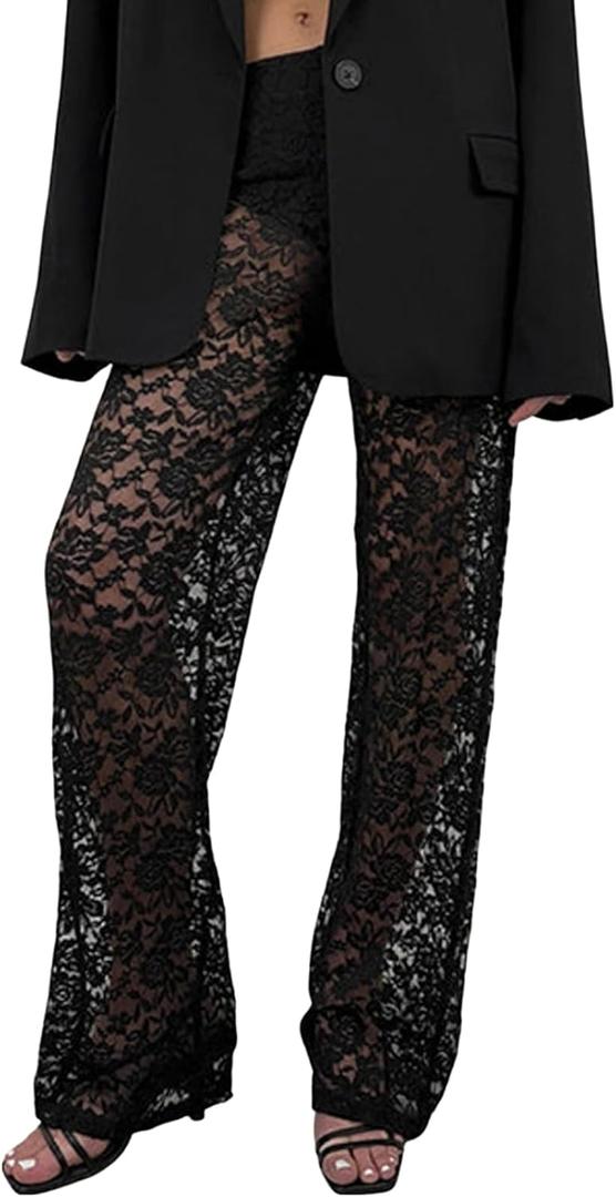 Women Sexy See Through Sheer Mesh Elastic Pencil Pants High Waist Leggings Sweatpants Tights (Small, Lace Floral-Black)