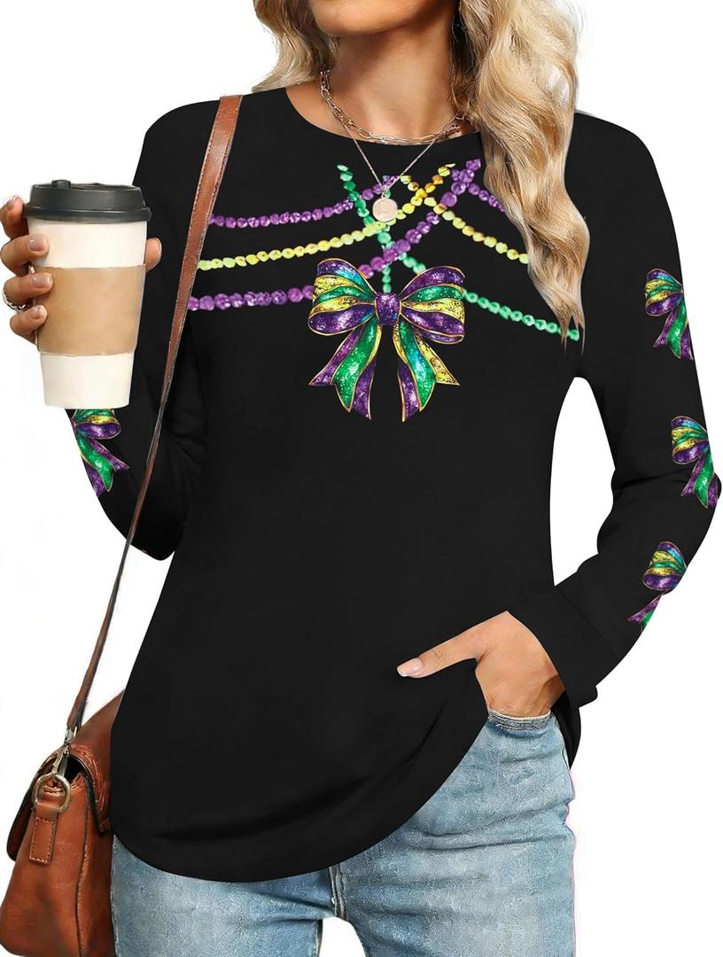 MAXIMGR Mardi Gras Sweatshirt Women Sequin Fat Tuesday Sweater Masks Graphic Shirt Carnival Crewneck Long Sleeve Tops (Black, XL)