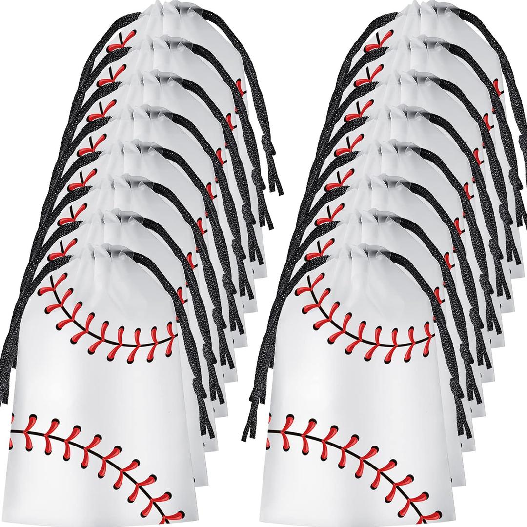 Flutesan 50 Pack Drawstring Baseball Party Favor Bags Plastic Baseball Snack Goodie Bags Gift Packaging Storage for Kids Boys Birthday Sports Theme Party Supplies, 6 x 8 Inch