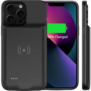 Battery Case for iPhone 15 Pro Max (6.7 inch), [10000mAh] Qi Wireless, Portable Backup Rechargeable Extended Slim Charging Case Compatible with iPhone (iPhone 13/13 Pro) Black