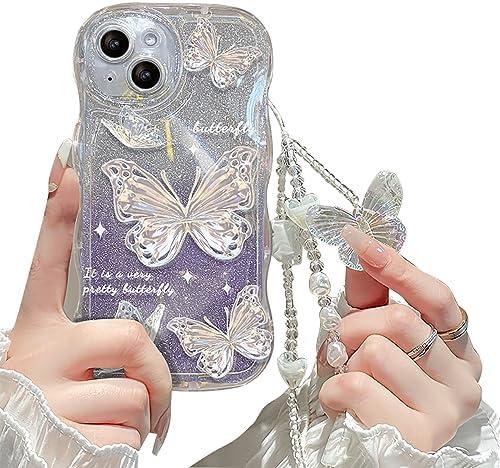Cutecasee Compatible with iPhone 12 Pro Max Case for Women/Girls, Cute Butterfly Glitter Bling with Bracelets Anti-Scratch Shockproof Case for iPhone 12 Pro Max, Purple with Bracelets