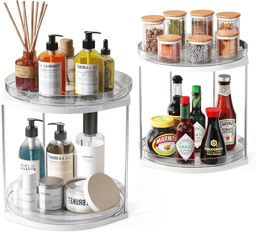 2 Pack 2 Tier Turntable Organizer, Removable Spice Rack for Cabinet, Makeup Skincare Organizer for Vanity, Large Rotating Lazy Susan for Kitchen, Pantry, Countertop, Bathroom