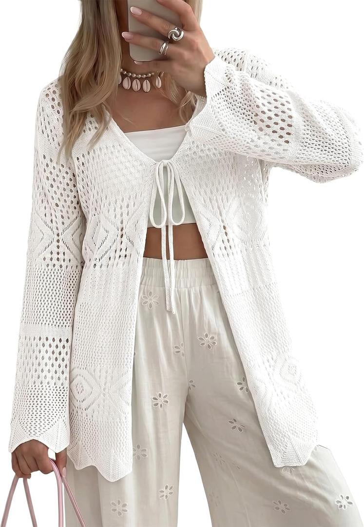 SHEWIN Crochet Cardigans for Women Long Sleeve Tie Front Bow Cardigan Sweaters Hollow Out Knit Summer Beach Vacation Coverups, Size: L