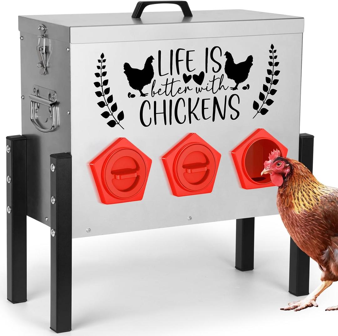 ‎Tgeyd 30 lb Large Capacity Automatic Chicken Feed Box with 6 Upgraded House-Shaped Flow Ports, Heavy-Duty Outdoor Metal Feeder with Adjustable Height & Locking Lid