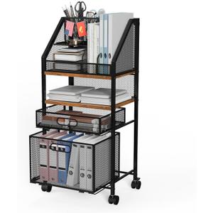 Rolling File Cart with 2 Drawers Metal Moving Storage Cart with Lockable Wheels Wood&Mesh Rolling File Organizer Filing Cabinets for Home Office Classroom Organization(31 * 15 * 10 Inch)