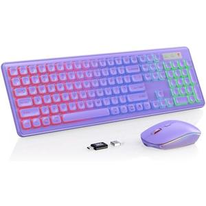 Wireless Keyboard and Mouse Combo, RGB Backlit, Rechargeable & Light Up Letters, Full-Size, Soft Typing, Sleep Mode, 2.4GHz Quiet Keyboard Set for Mac, Windows, Laptop, PC, Trueque (Purple)