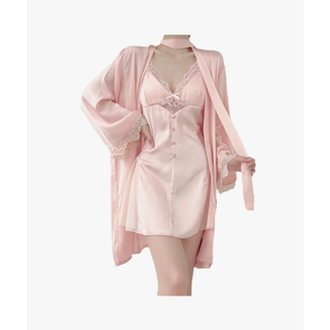 Women'S Solid Two Pieces Robe Gown Sets Silk Satin Lace Nightgowns Lingerie Suits, S