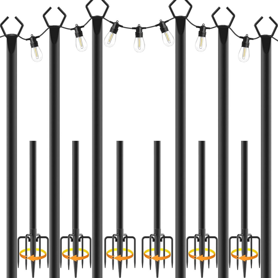 6 Pack 10 ft Heavy Duty Metal String Light Poles Adjustable Outdoor Lighting Stand for Patio,Backyard,Garden,Party & Wedding Rustproof & Sturdy with Hooks