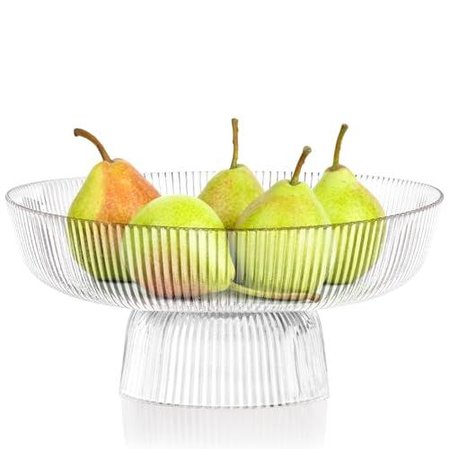 ZOOFOX Fruit Bowl for Kitchen Counter, Large Decorative Glass Bowls with Pedestal, Ribbed Pedestal Bowl for Fruit, Vegetable, Salad and Dessert, Key Bowls for Entry Table