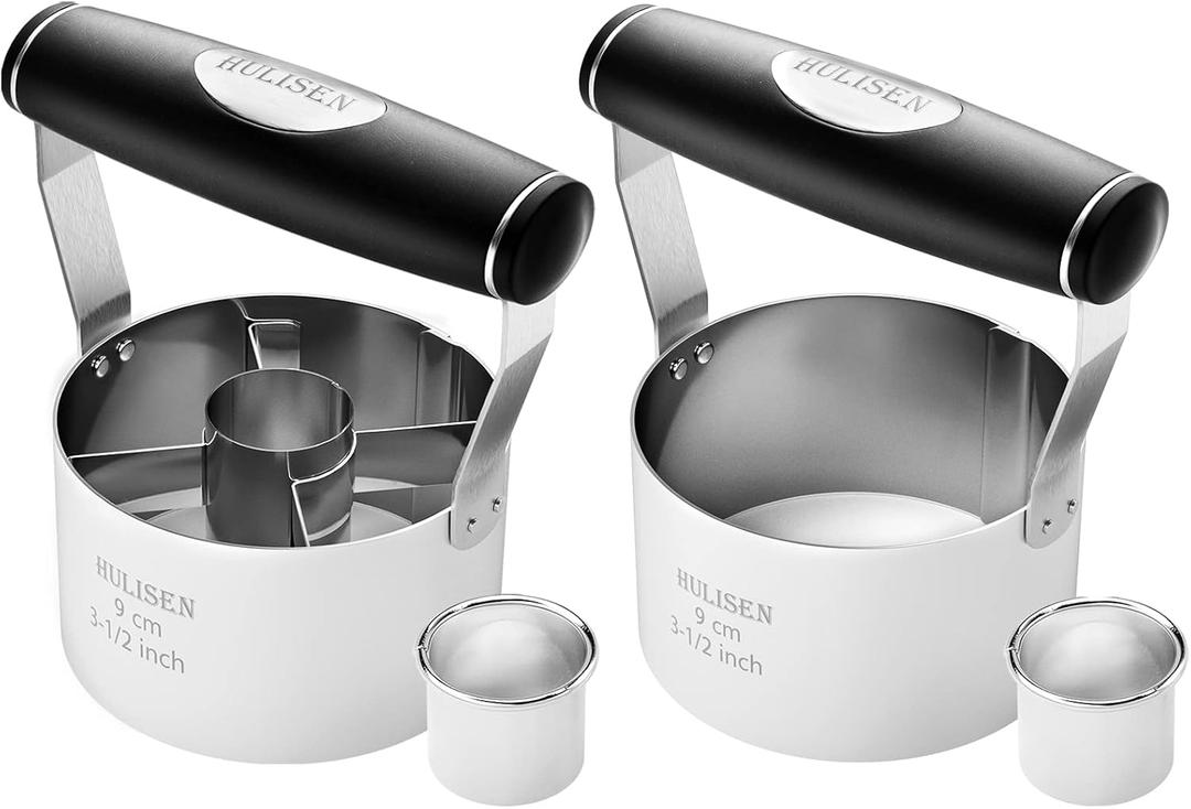 HULISEN Donut Cutter & 3.5 inch Biscuit Cutter (Set of 2), with Soft Grip Handle, Bonus 2 Pcs Small Cookies Cutter - Stainless Steel Professional Baking Dough Tool Set, Gift Package