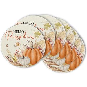Artoid Mode Hello Pumpkin Fall Round Placemats Set of 6,14 Inch Seasonal Harvest Thanksgiving Table Mats for Party Dining Decoration (Beige/Orange)