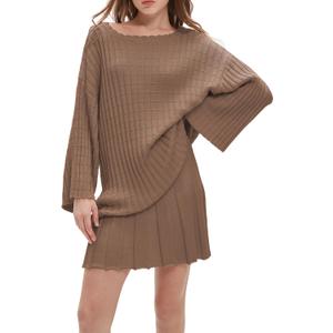 EZAPINE Womens Sweater Skirt Set Oversized Casual Loose Knit Sweater Pleated A Line Mini Skirt 2 Piece Outfits