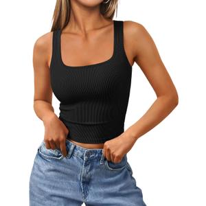 Trendy Queen Women's Summer Square Neck Tank Tops Workout Cropped Ribbed Summer Camisole Sleeveless Clothes 2025 (M, Black)