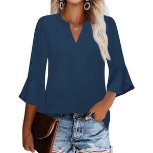 AKEWEI Women's 3/4 Length Bell Sleeve Tops V Neck Dressy Casual Shirts Ladies Loose Fit Blouses Tunic (Blue) 3XL
