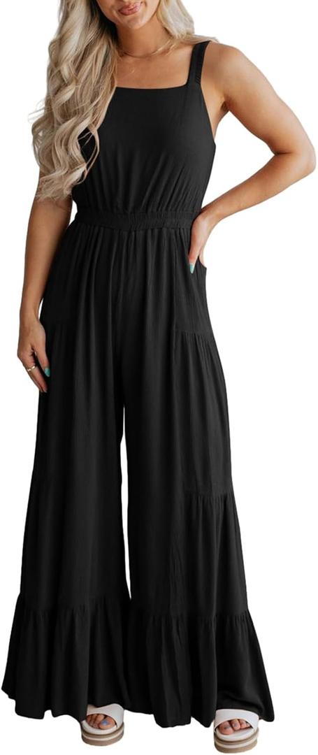 BLENCOT Jumpsuits for Women Summer Casual Loose Sleeveless Overalls Jumpsuit Ruffle Wide Leg Long Flare Pant Flowy Rompers (Black, L)