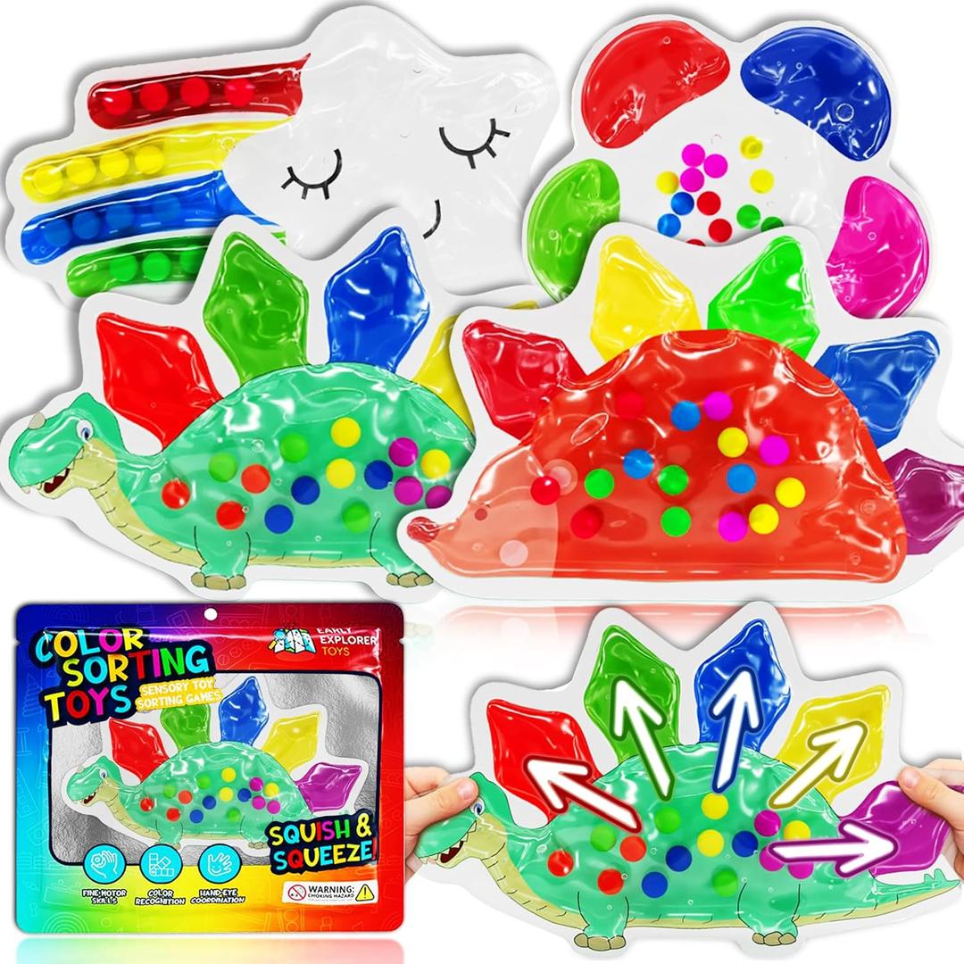 4-Pack Color Sorting Sensory Toys for Toddlers Ages 3+ Montessori Travel Toys Calm Down Toy for Preschool | Flower, Porcupine, Cloudy Rainbow Color Matching Activities Gift Ready for Boys Girls B-Day